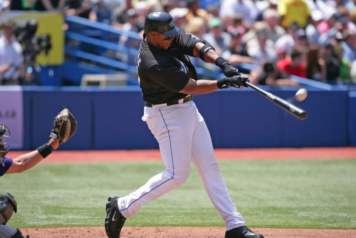 Toronto Blue Jays designated hitter Frank Thomas hits a home run.